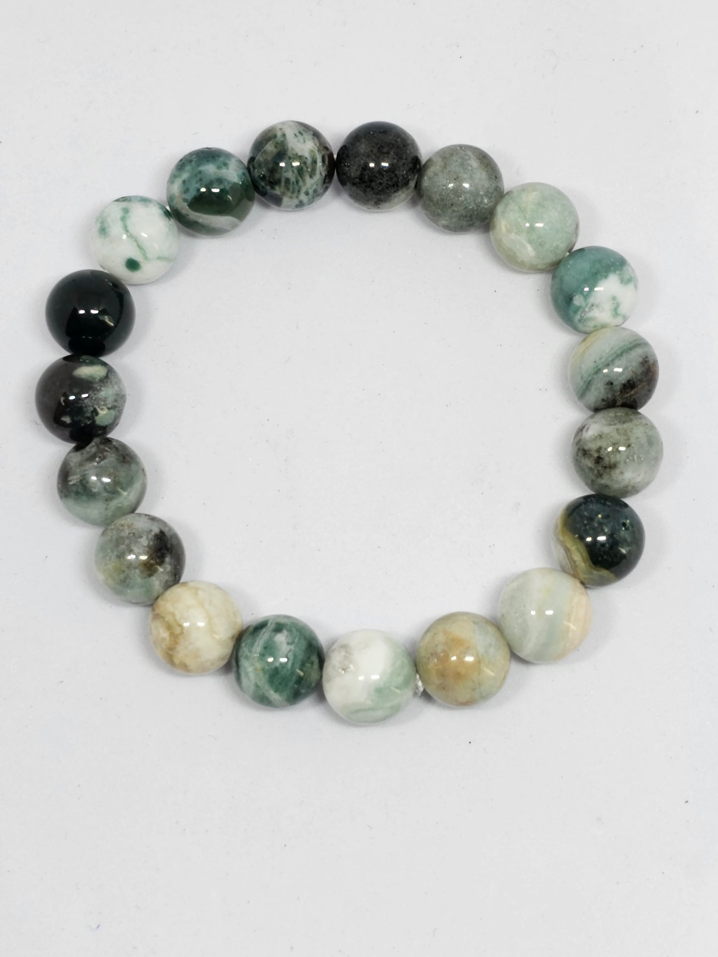 Moss Agate Round Bead Crystal Bracelet - Rivendell Shop