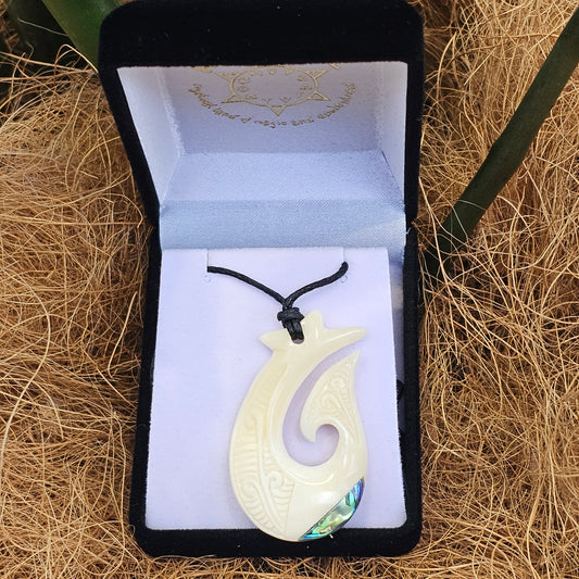 Bone Pendant with Paua - Hei Matau - Rivendell Shop