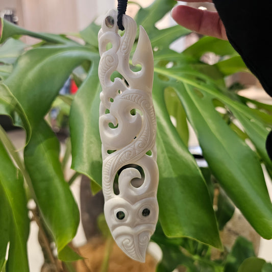 Manaia and Taniwha Large Bone Pendant with Paua