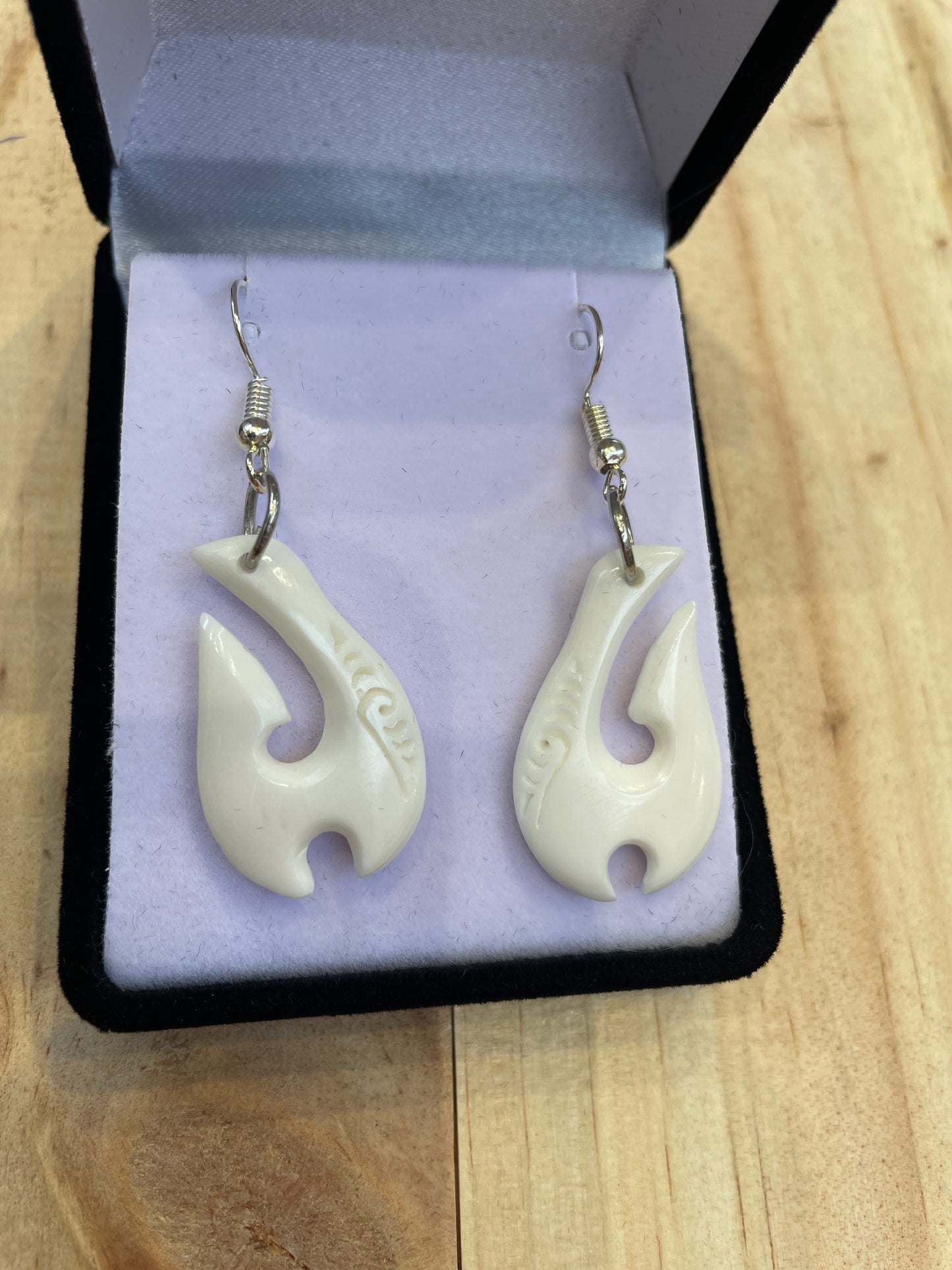 Handcarved Bone Fish Hook Earrings - Hei Matau