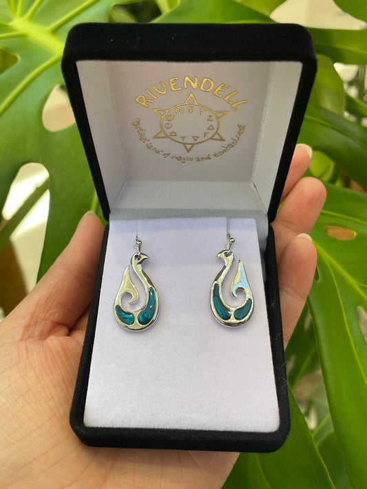 Paua Earrings - Hei Matau (Fish Hook) - Rivendell Shop