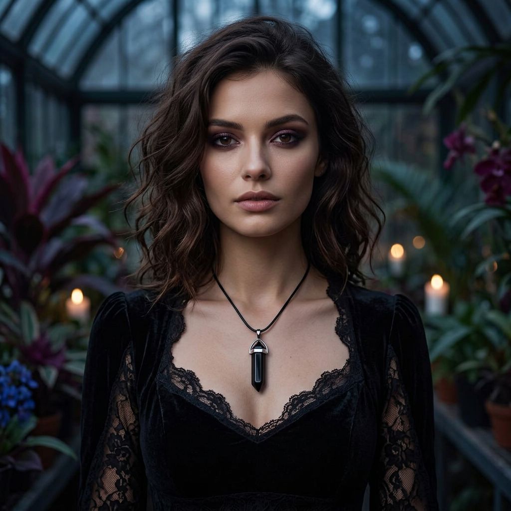 Young woman wearing a black obsidian point necklace in a dark botanical glasshouse