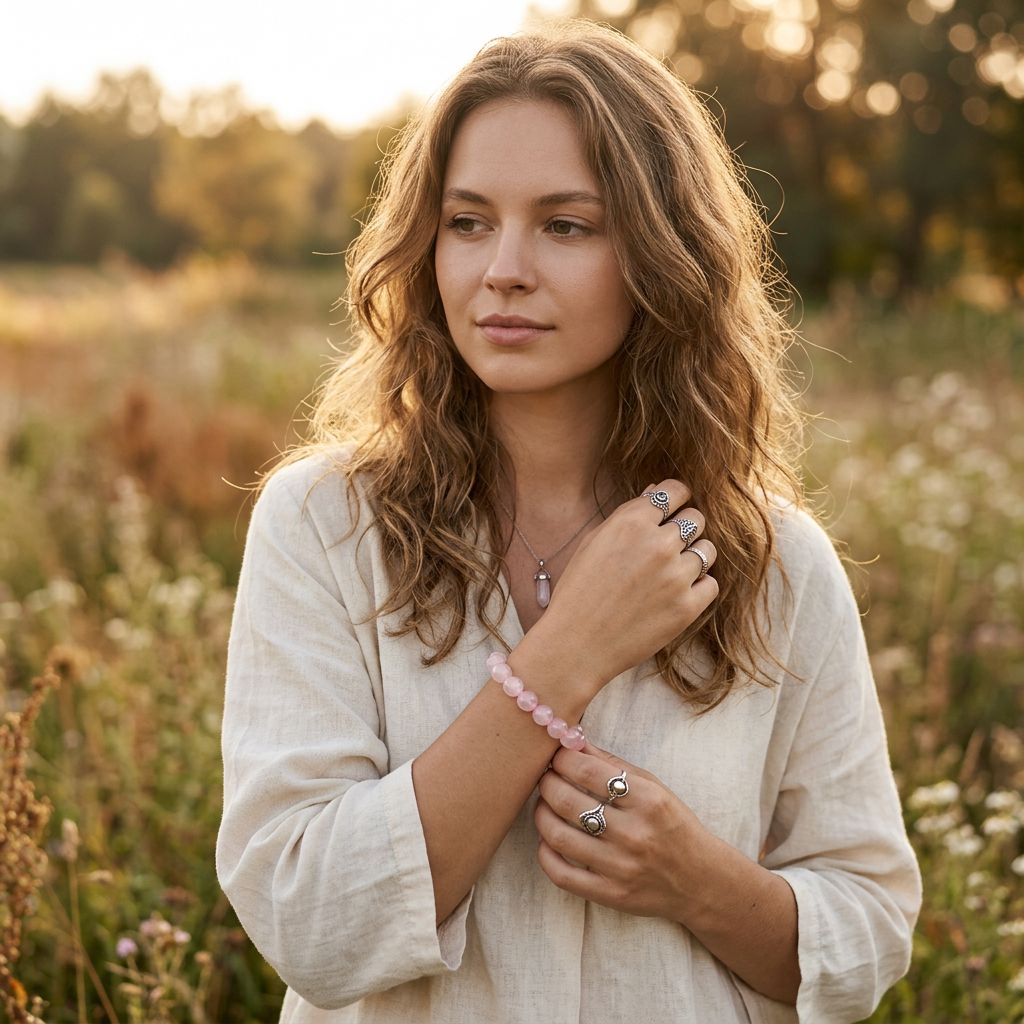 Rose Quartz Round Bead Crystal Bracelet — AI model-serene