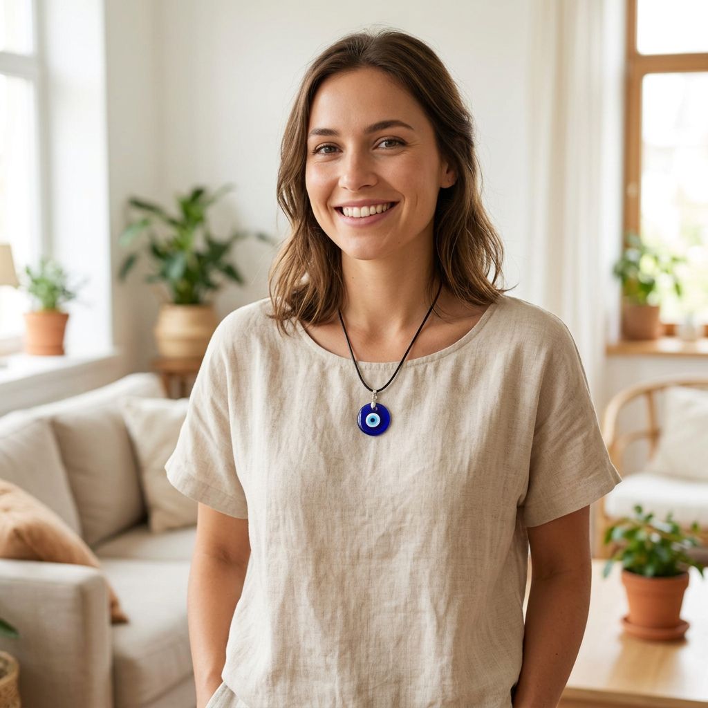 Evil Eye Necklace with Waxed Cord — AI model-casual