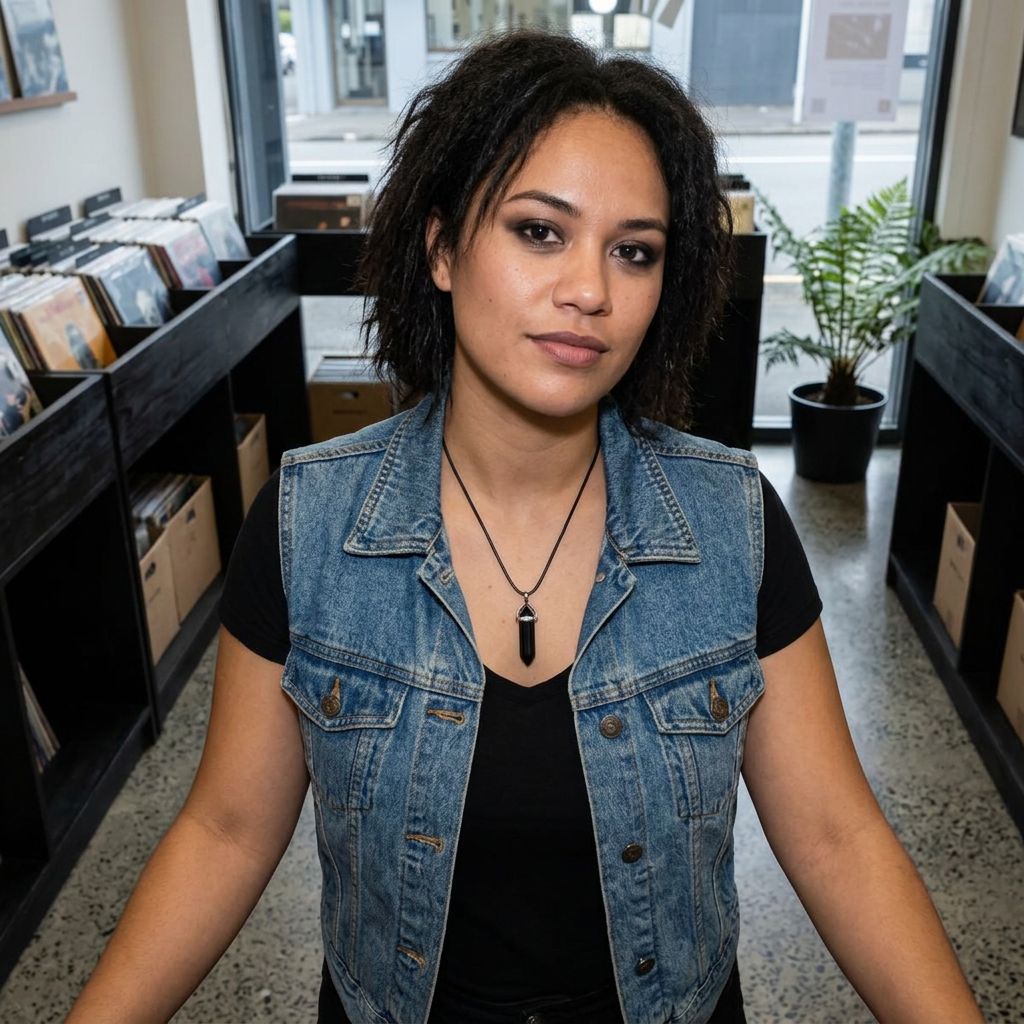 Young woman wearing a black obsidian point necklace in a Tāmaki Makaurau record shop