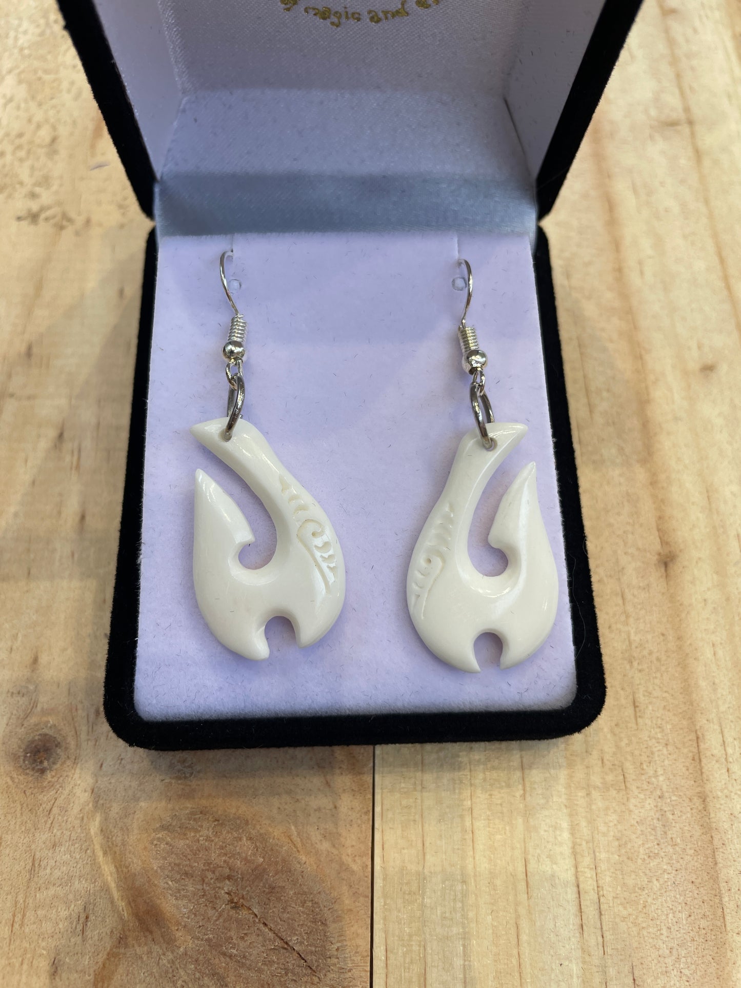 Handcarved Bone Fish Hook Earrings - Hei Matau