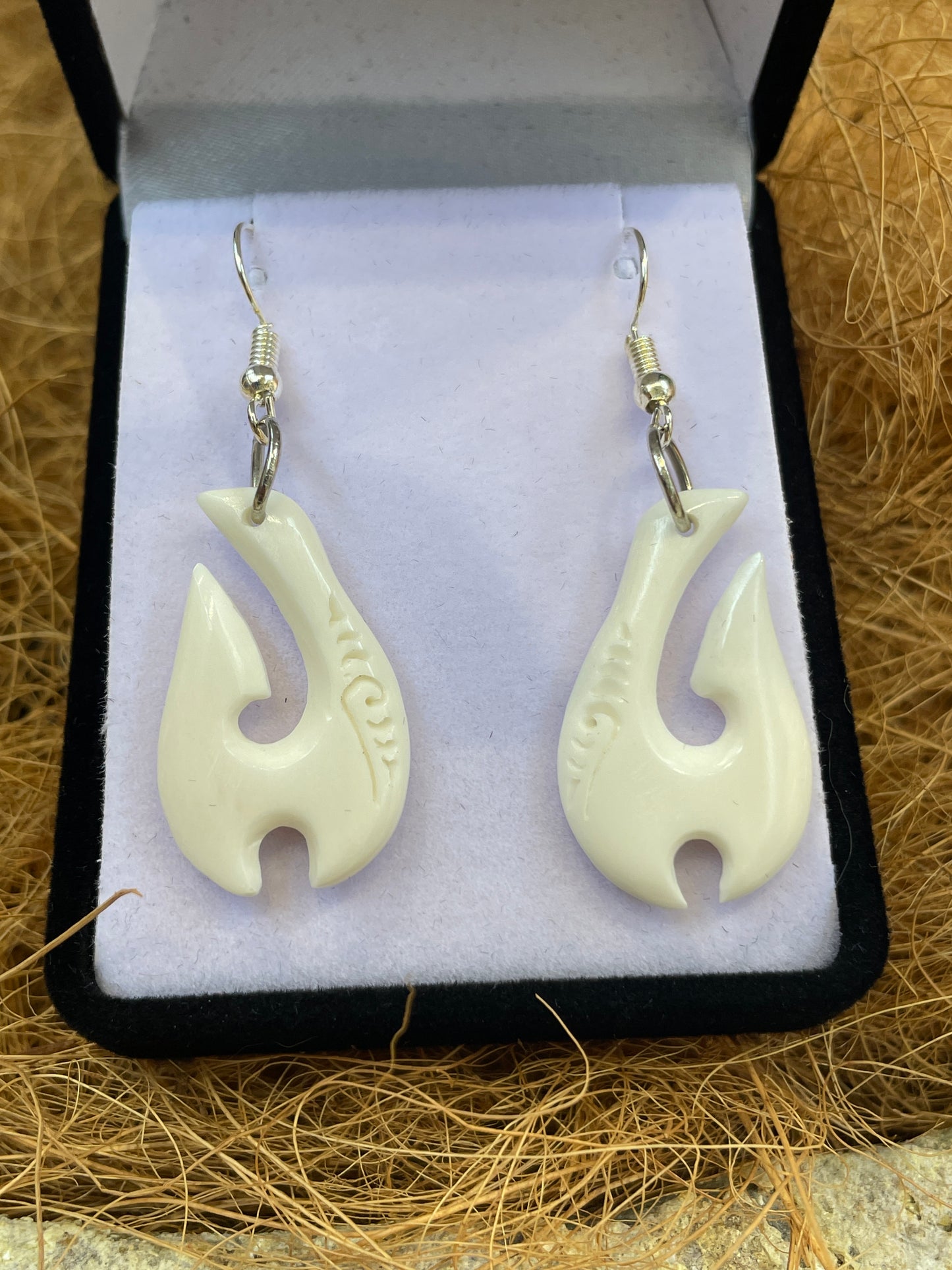 Handcarved Bone Fish Hook Earrings - Hei Matau