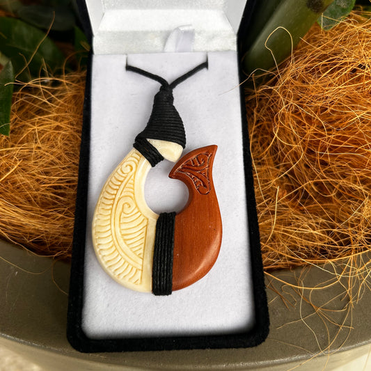 Hei Matau (Fish Hook) Bone Pendant + Wood - Rivendell Shop