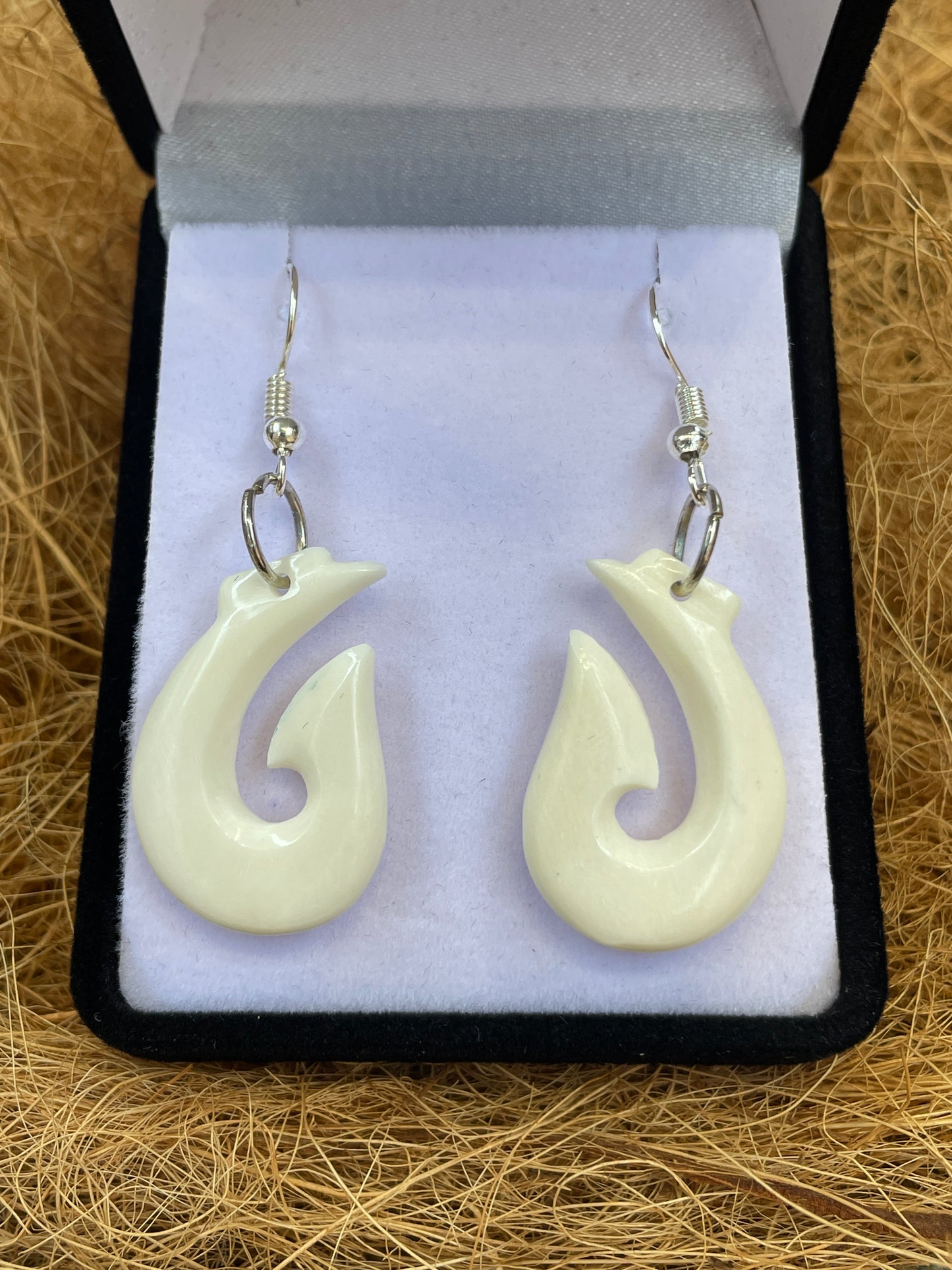 Handcarved Bone Fish Hook Earrings - Hei Matau