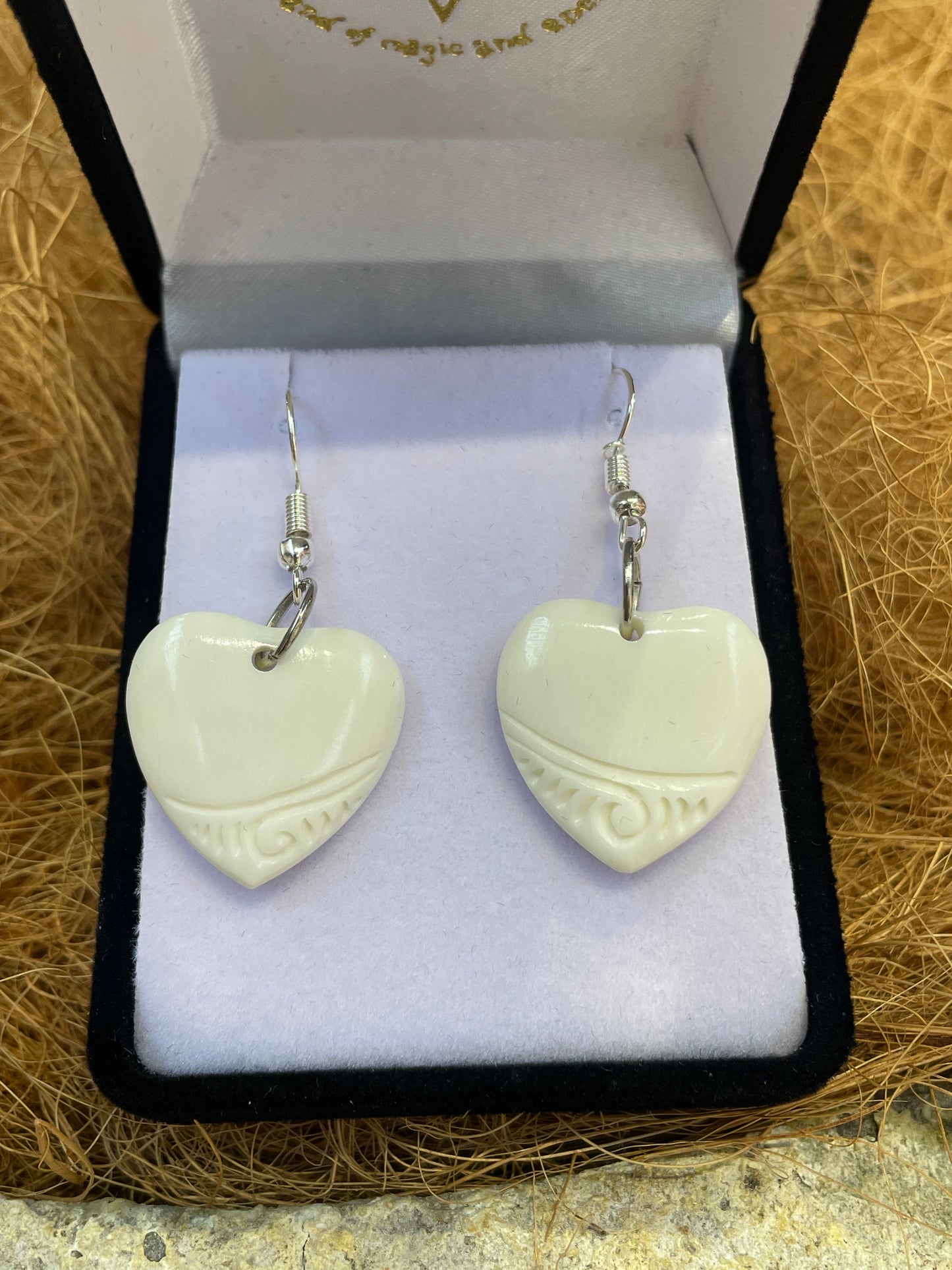 Handcarved Bone Heart Earrings