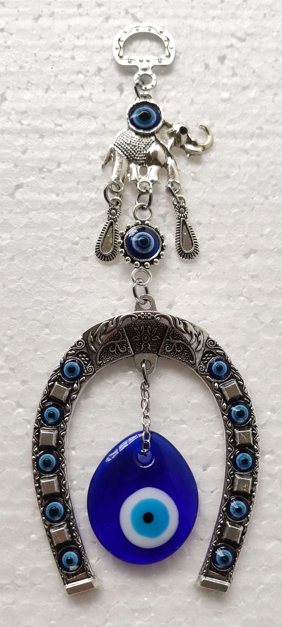 Horse Shoe Evil Eye Hanging Ornament with Elephant