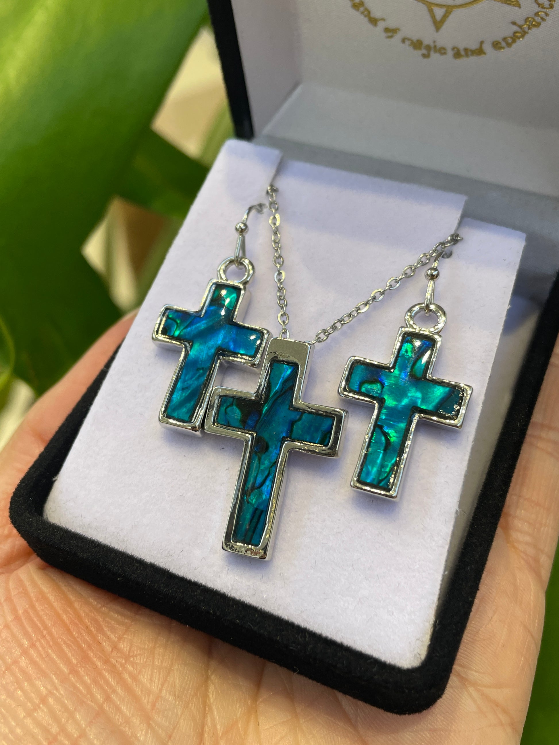 Paua Pendant & Earrings Set - Cross - Rivendell Shop