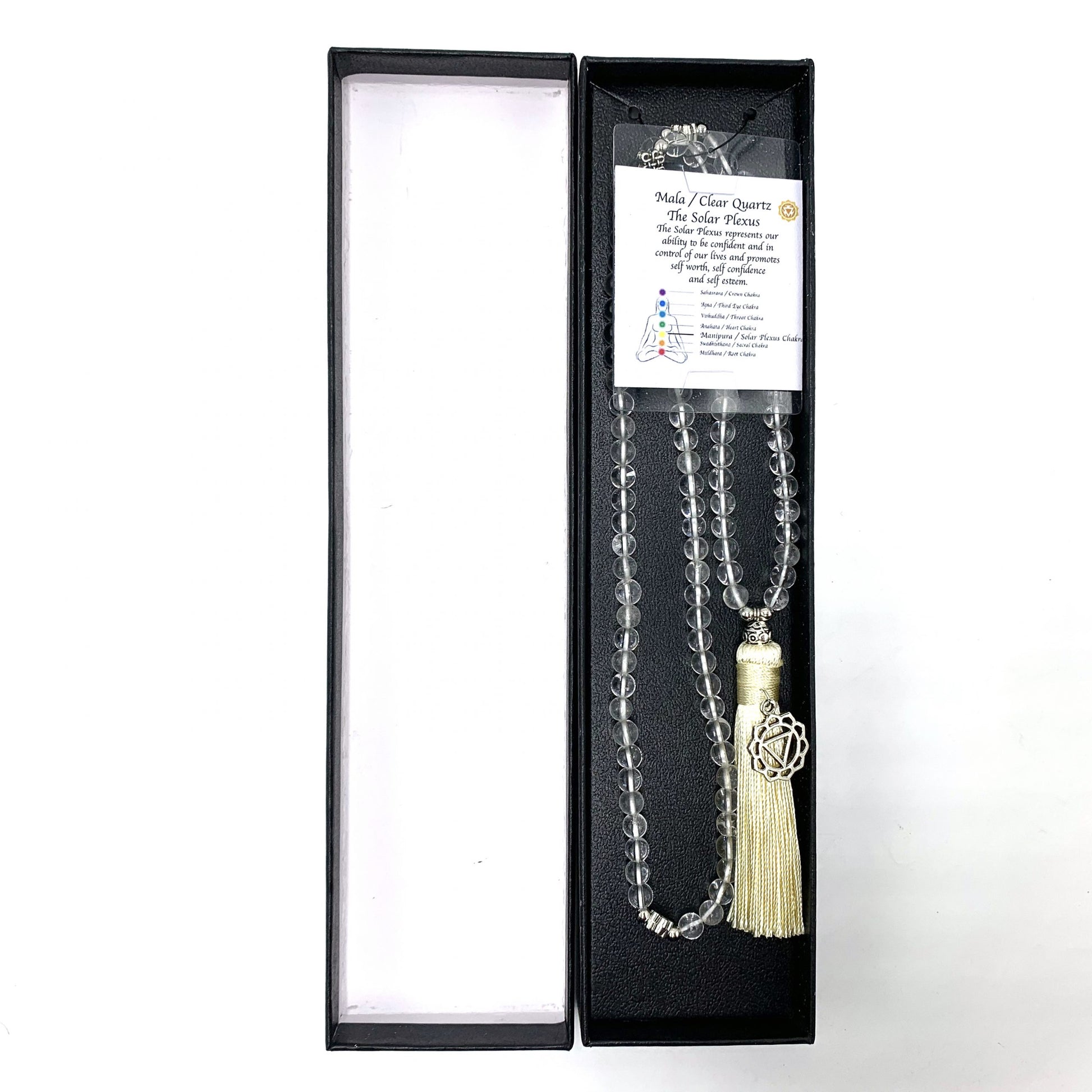 Clear Quartz Mala Beads with Solar Plexus Chakra Charm- 108 Beads - Rivendell Shop