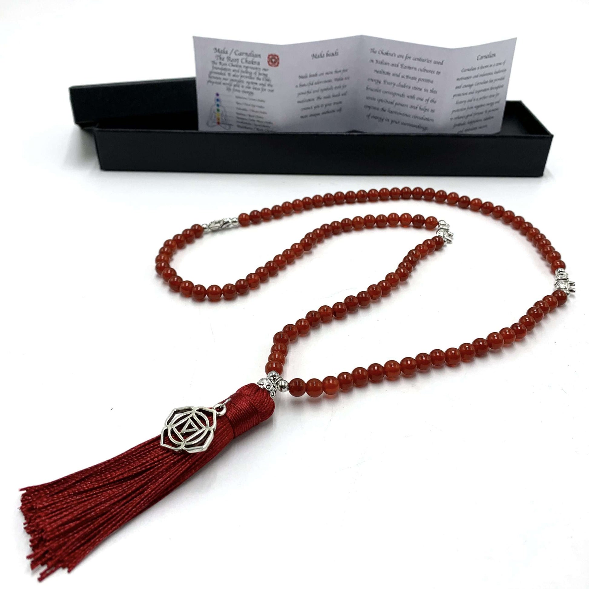 Carnelian Mala beads with Chakra Charm- 108 Beads - Rivendell Shop