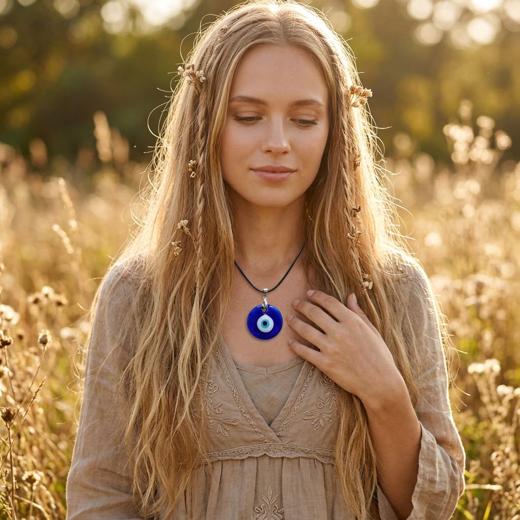 Evil Eye Necklace with Waxed Cord — AI model-serene