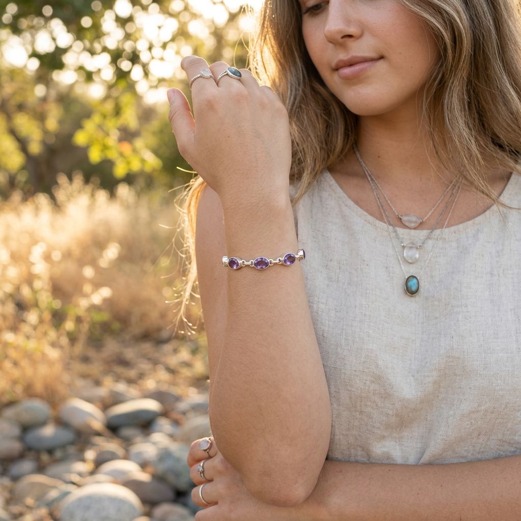 Amethyst Sterling Silver Bracelet — AI model-serene