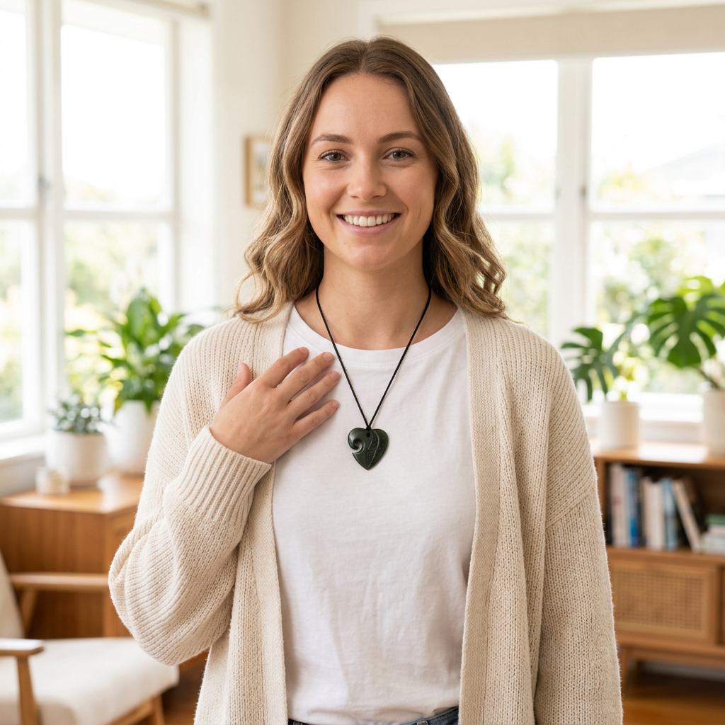 AI-processed: Heart Greenstone Pendant with Carved Detail