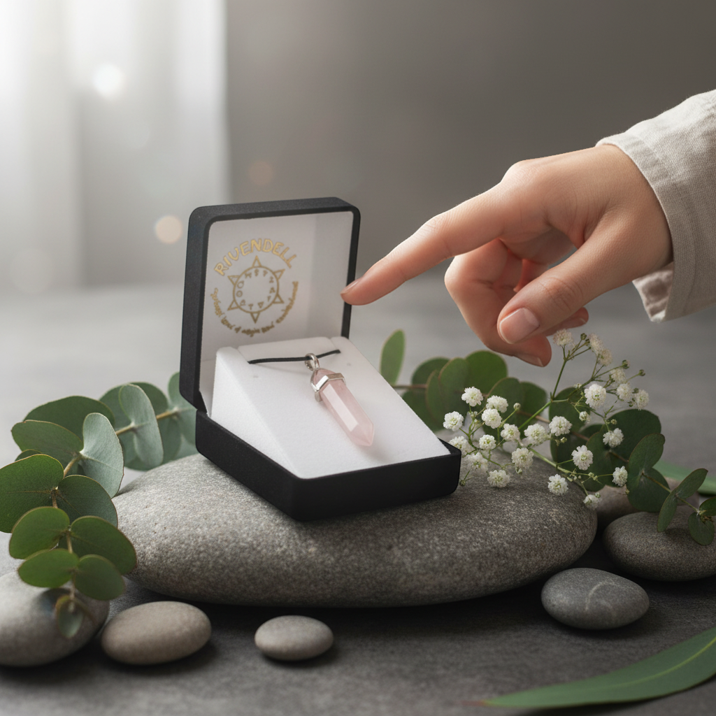 Rivendell Shop Rose Quartz crystal point pendant on waxed cord in gift box. Stone of Love.