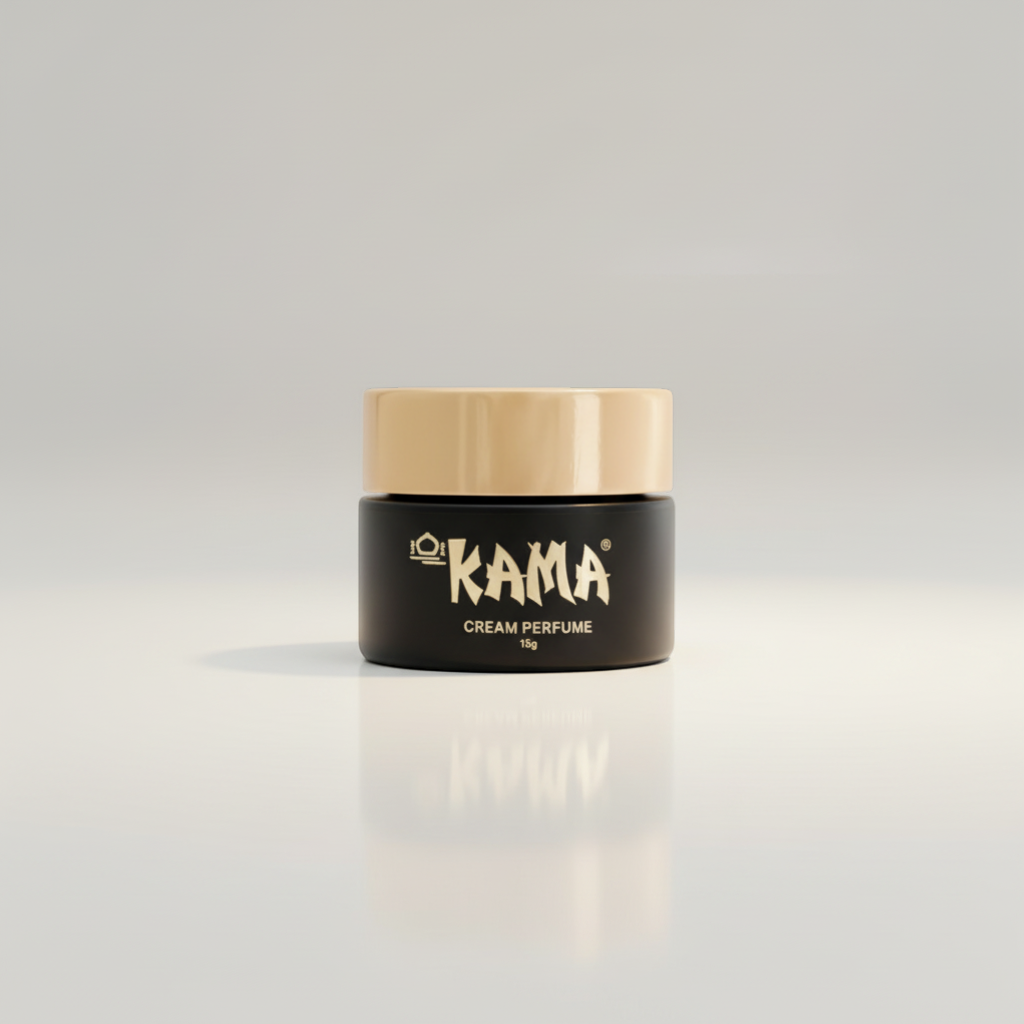 Rivendell Shop Kama cream perfume in a black jar with a gold lid, 15g.