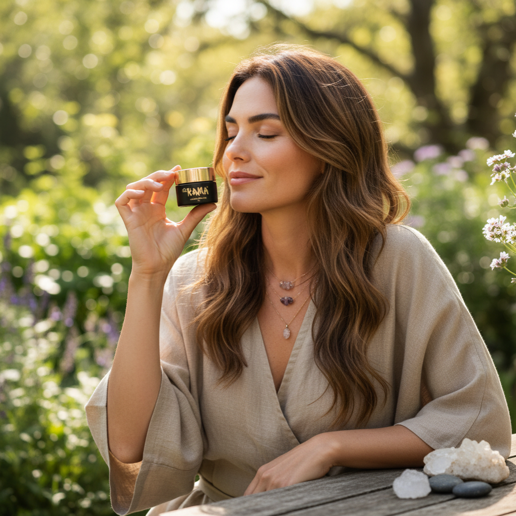 Rivendell Shop Kama cream perfume in a black jar with a gold lid, 15g.