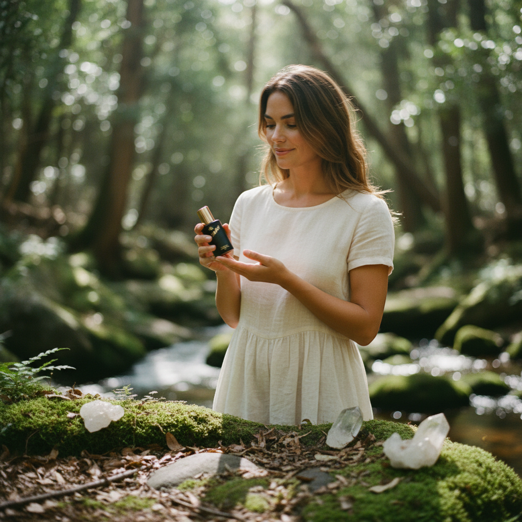 Rivendell Shop Kama original Indian perfume oil in a black bottle with gold cap and gold lettering, 30ml.
