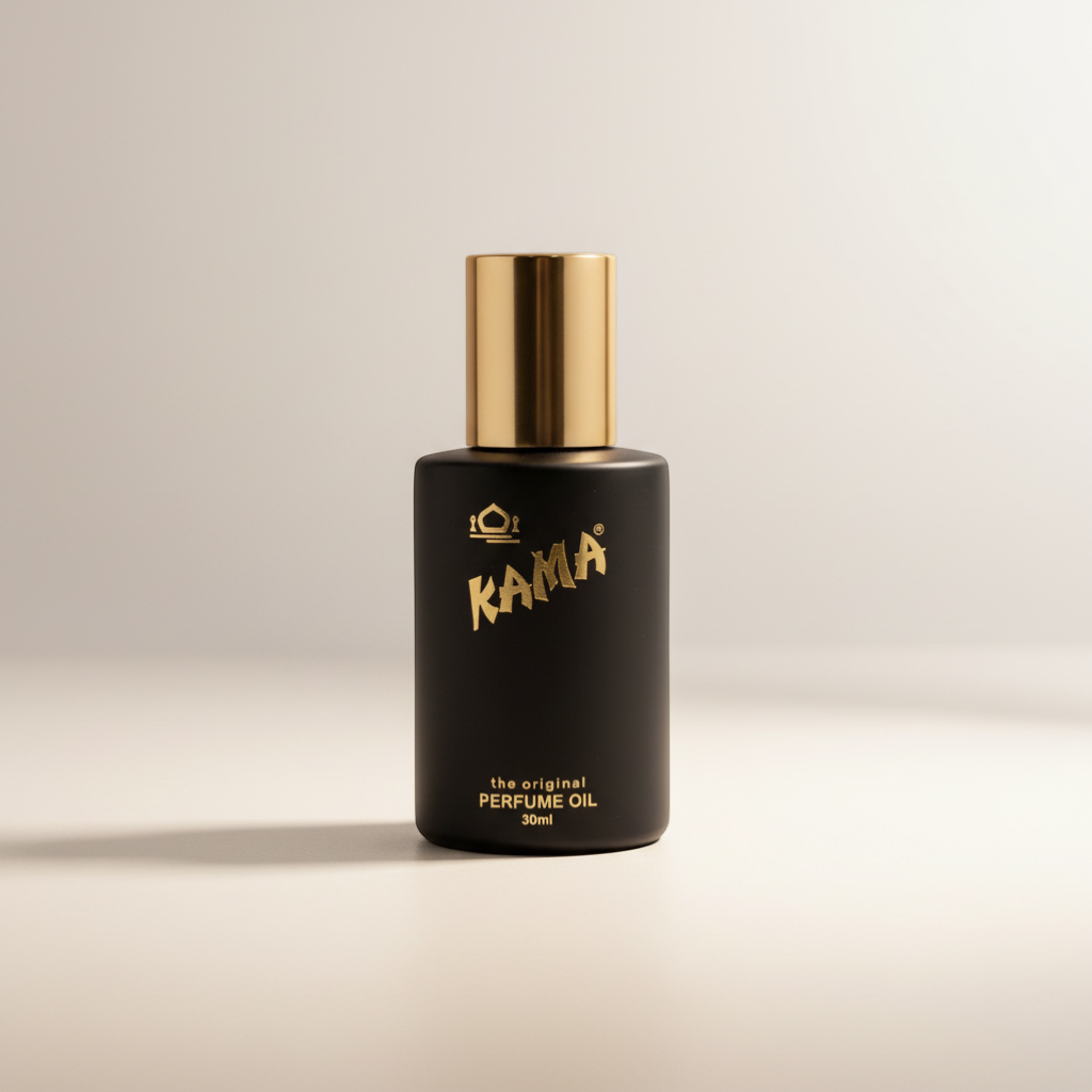Rivendell Shop Kama Original Indian Perfume Oil, 30ml bottle with gold cap. Black bottle with gold lettering.