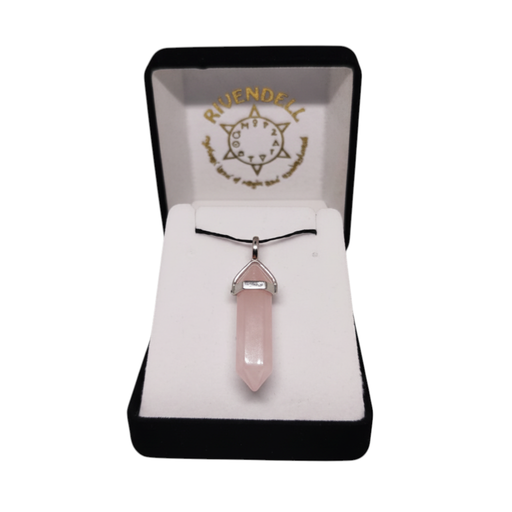 Rivendell Shop Rose Quartz crystal point pendant on waxed cord in gift box. Stone of Love.