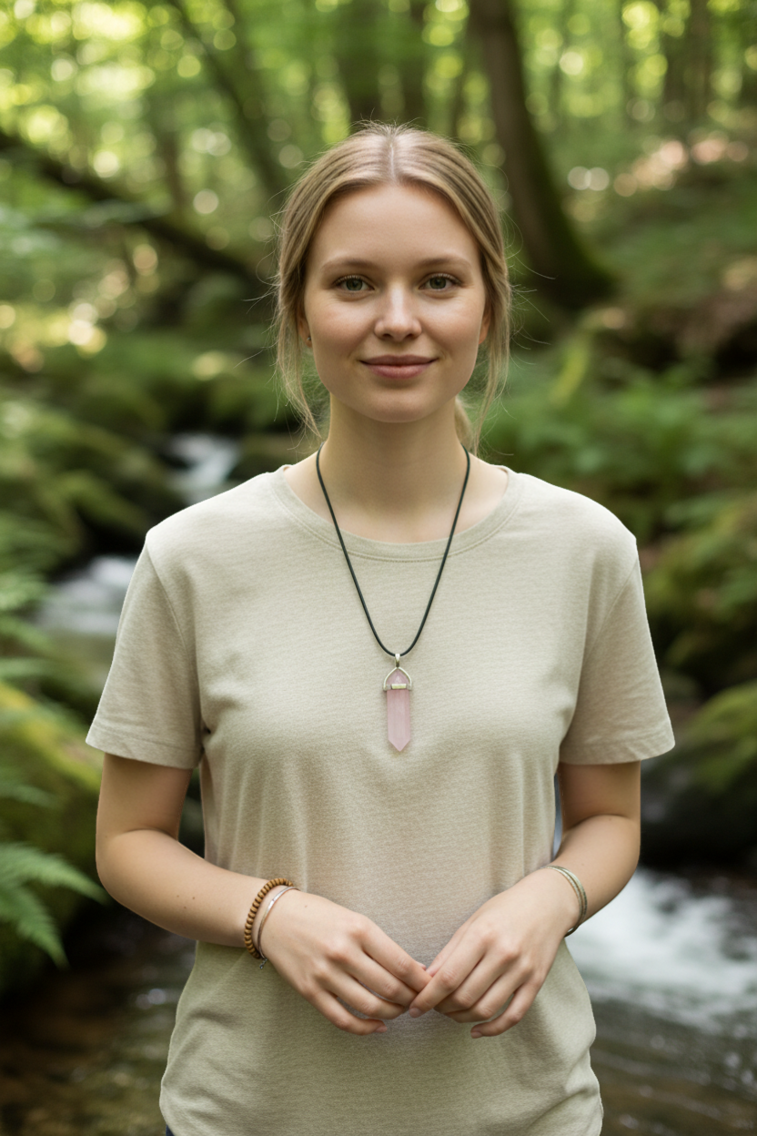 Rivendell Shop Rose Quartz crystal point pendant on waxed cord in gift box. Stone of Love.