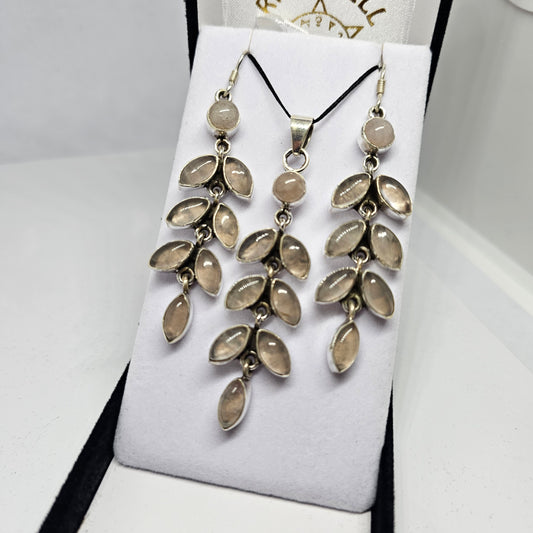 Rose Quartz Sterling Silver Pendant & Earrings Set