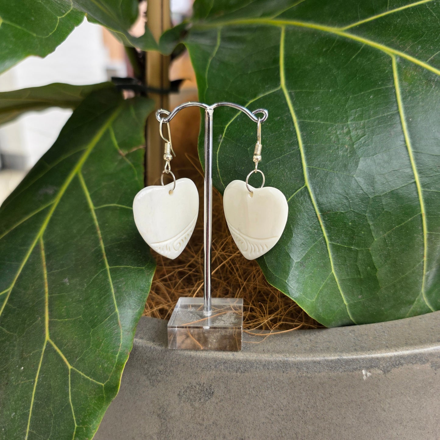 Handcarved Bone Earrings - Carved Heart