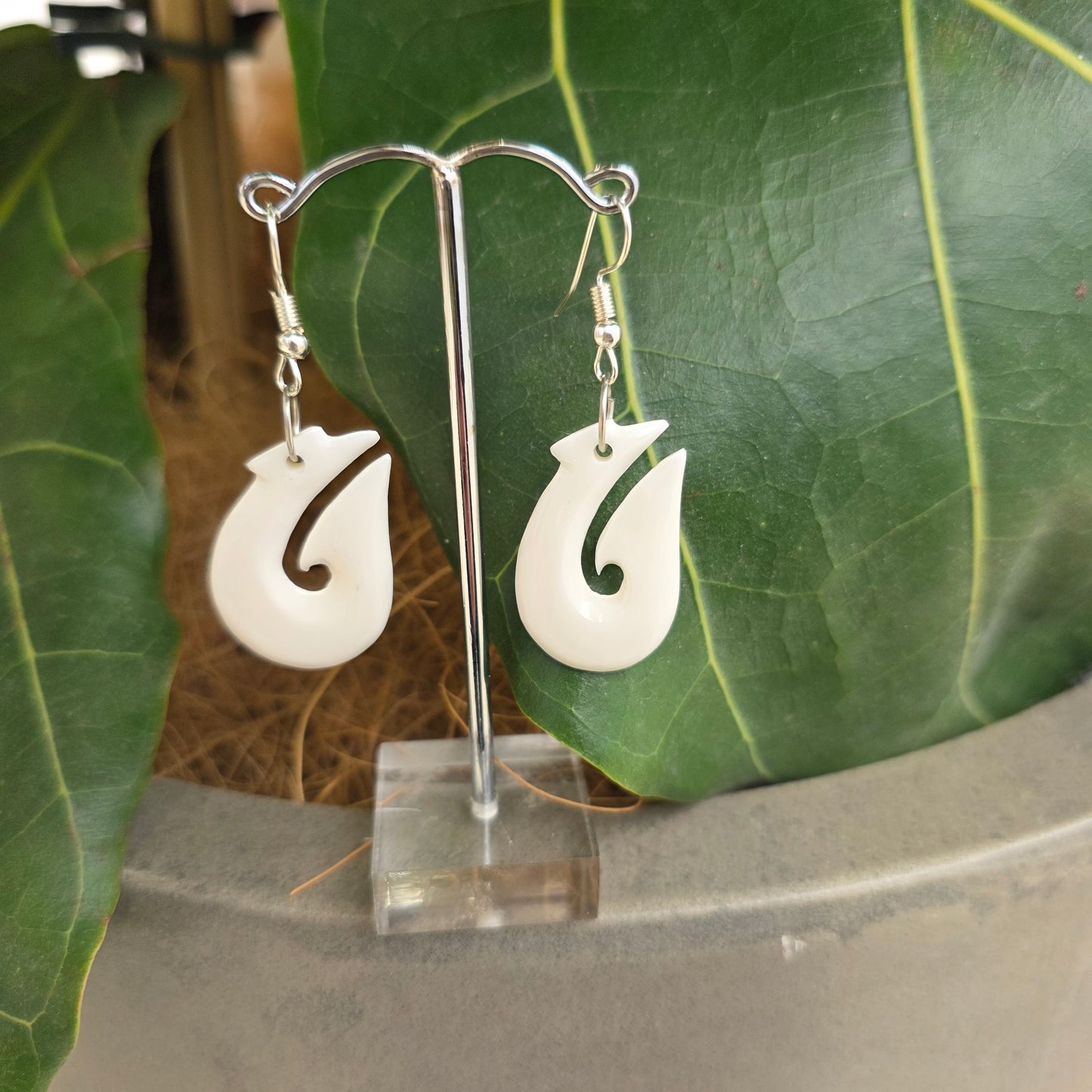 Handcarved Bone Earrings - Hei Matau (Fish Hook)