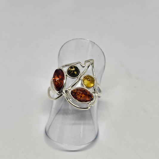 Amber Sterling Silver Leaf Detail Ring - Rivendell Shop