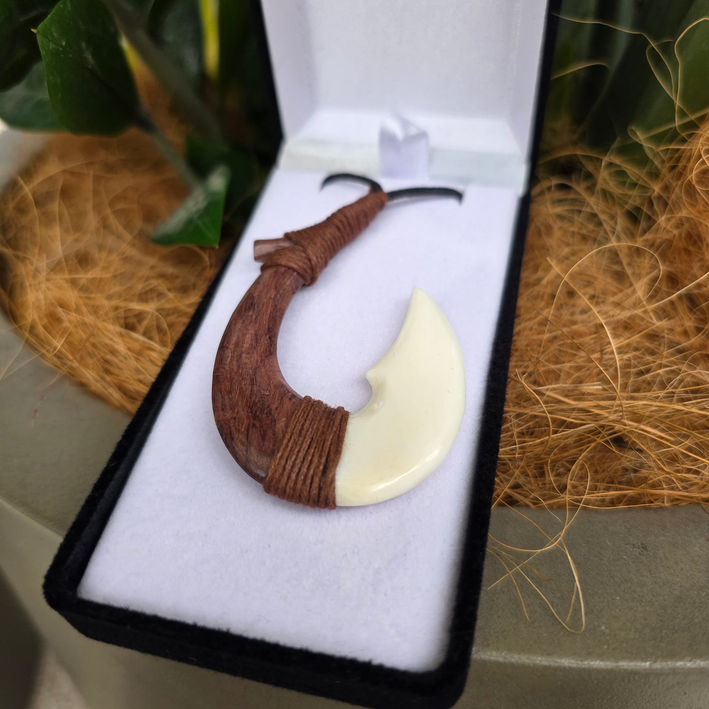 Handcarved Bone Pendant + Bone - Hei Matau (Fish Hook)