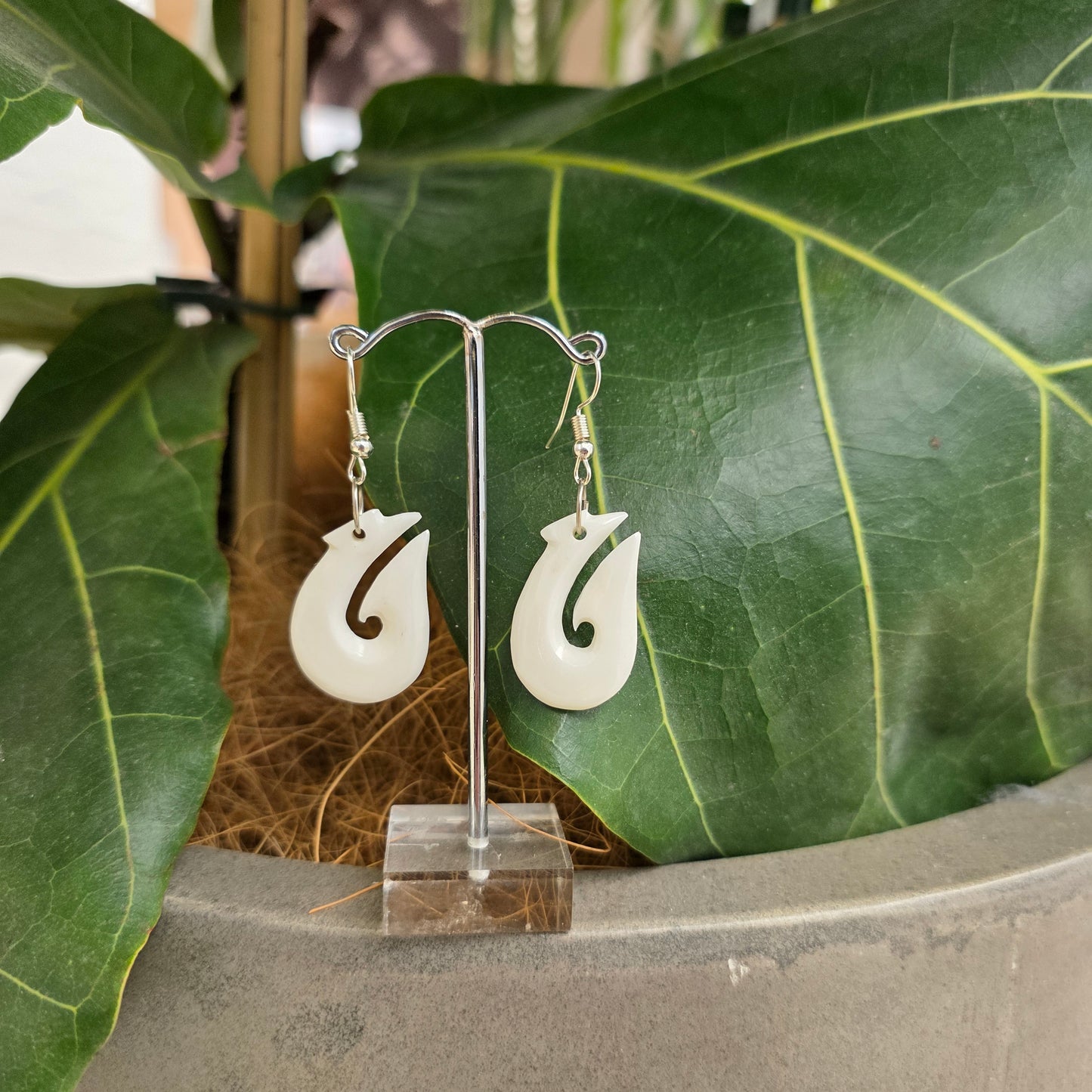 Handcarved Bone Earrings - Hei Matau (Fish Hook)