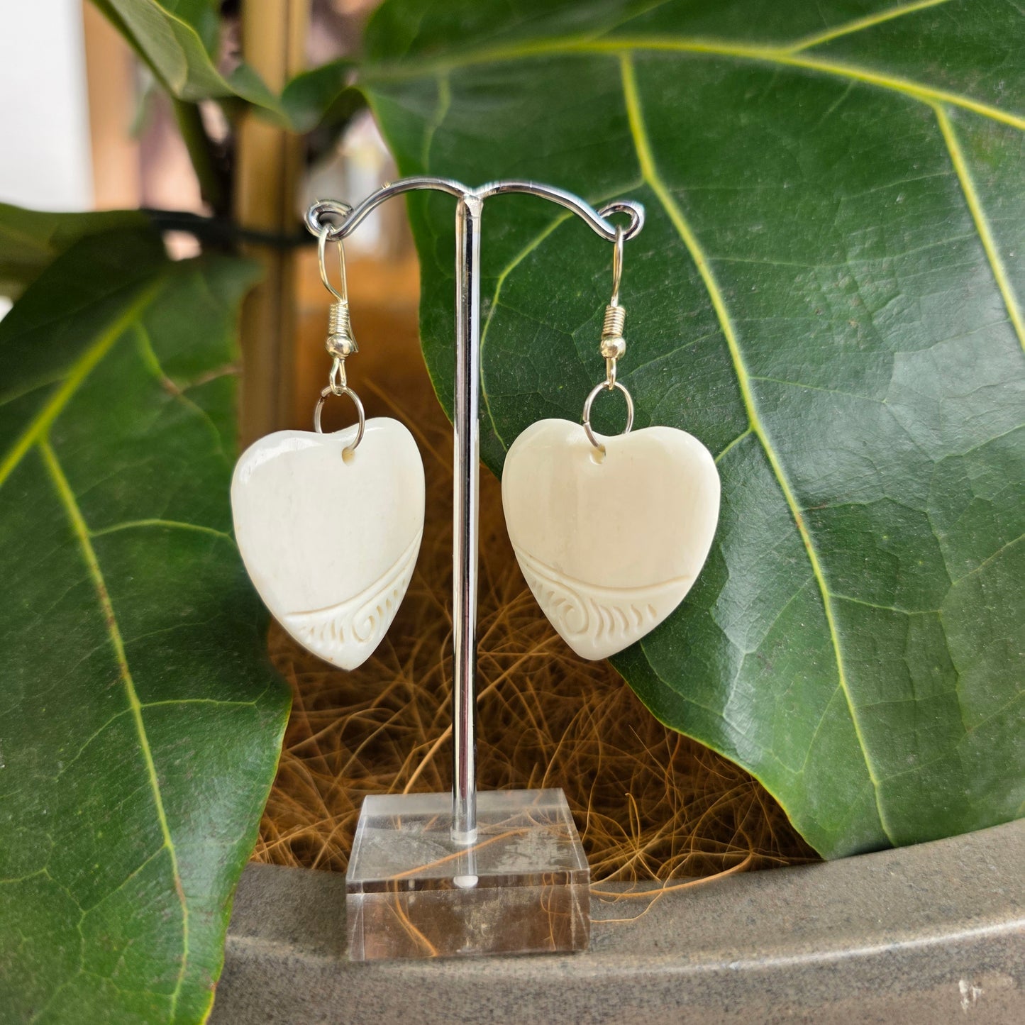 Handcarved Bone Earrings - Carved Heart