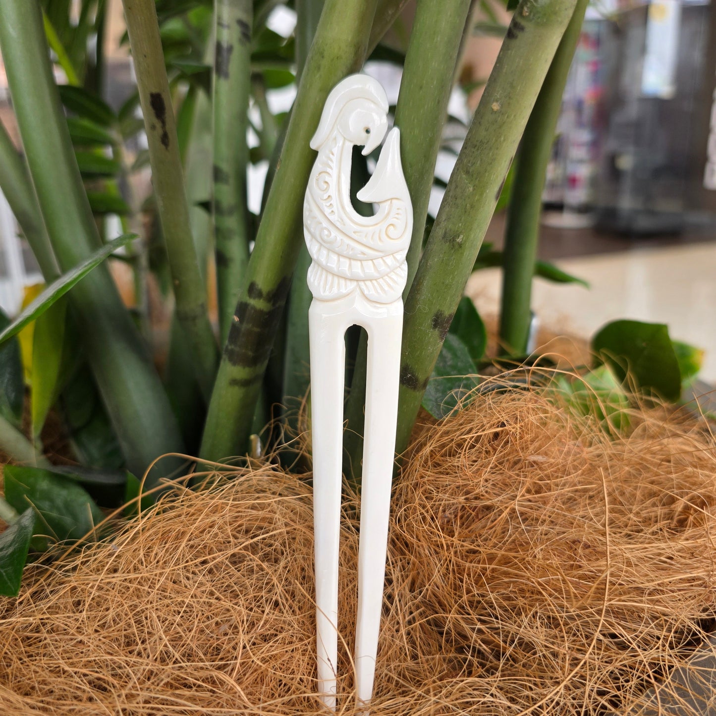 Handcarved Bone 2 Prong Heru (Comb) - Hei Matau (Fish Hook)