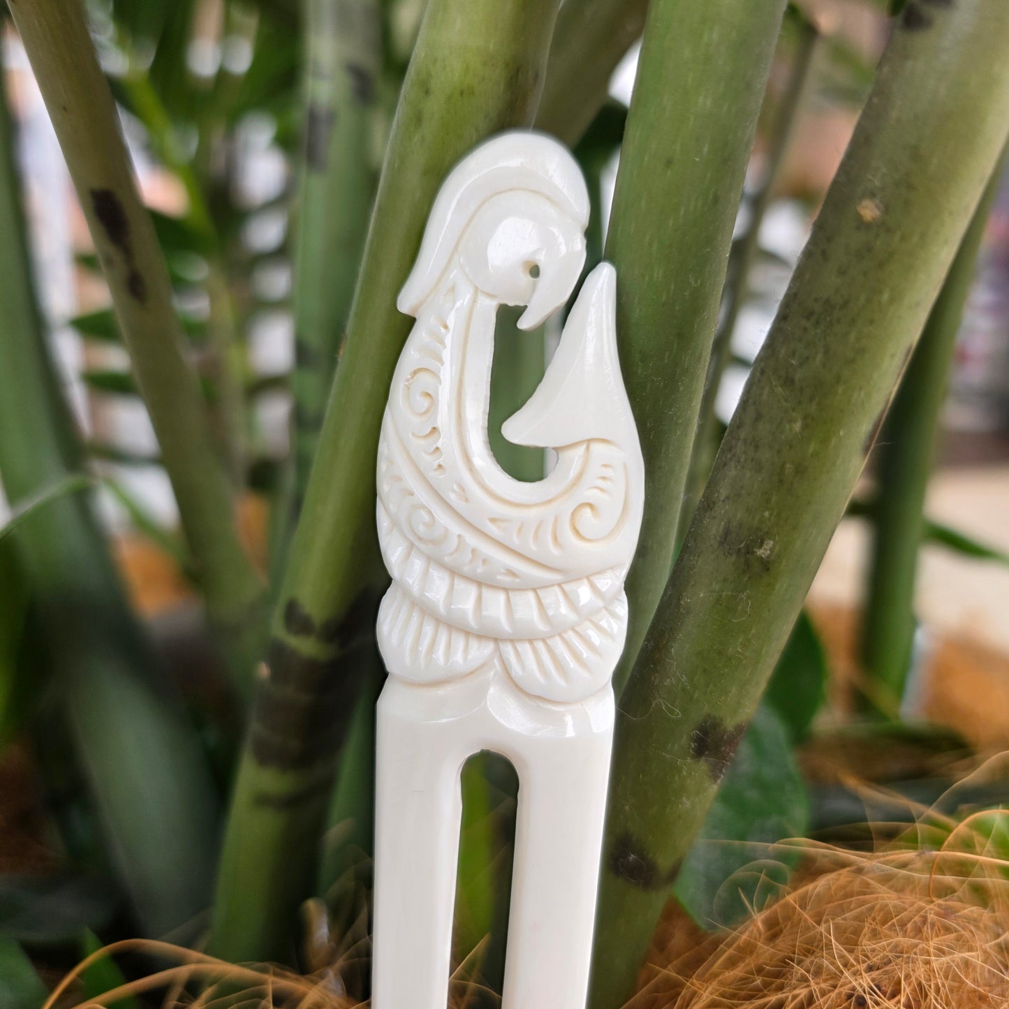 Handcarved Bone 2 Prong Heru (Comb) - Hei Matau (Fish Hook)
