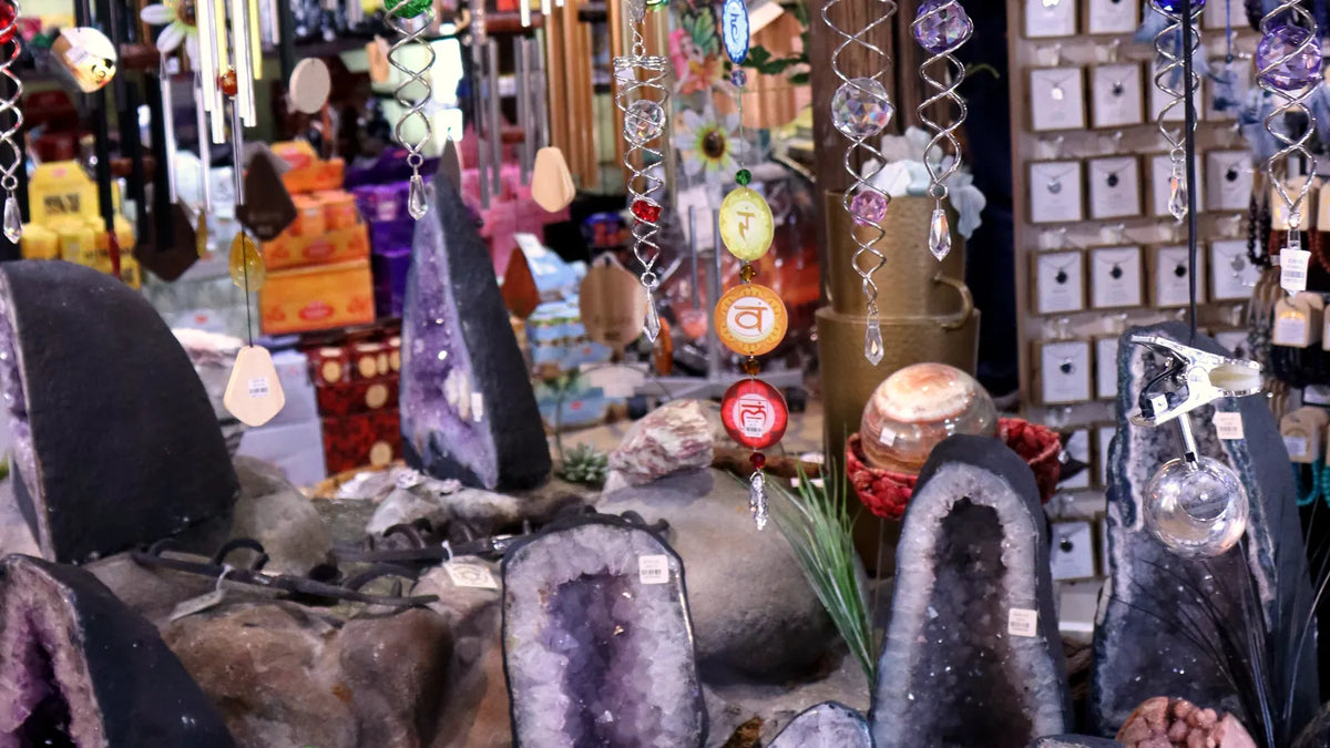 Amethyst geodes lined up inside Rivendell