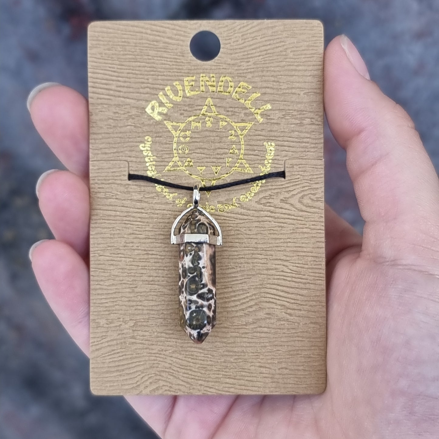 Leopard skin jasper pendant on card - Rivendell Shop