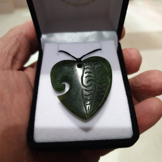 Heart Greenstone Pendant Carving with Koru Indentation - Rivendell Shop
