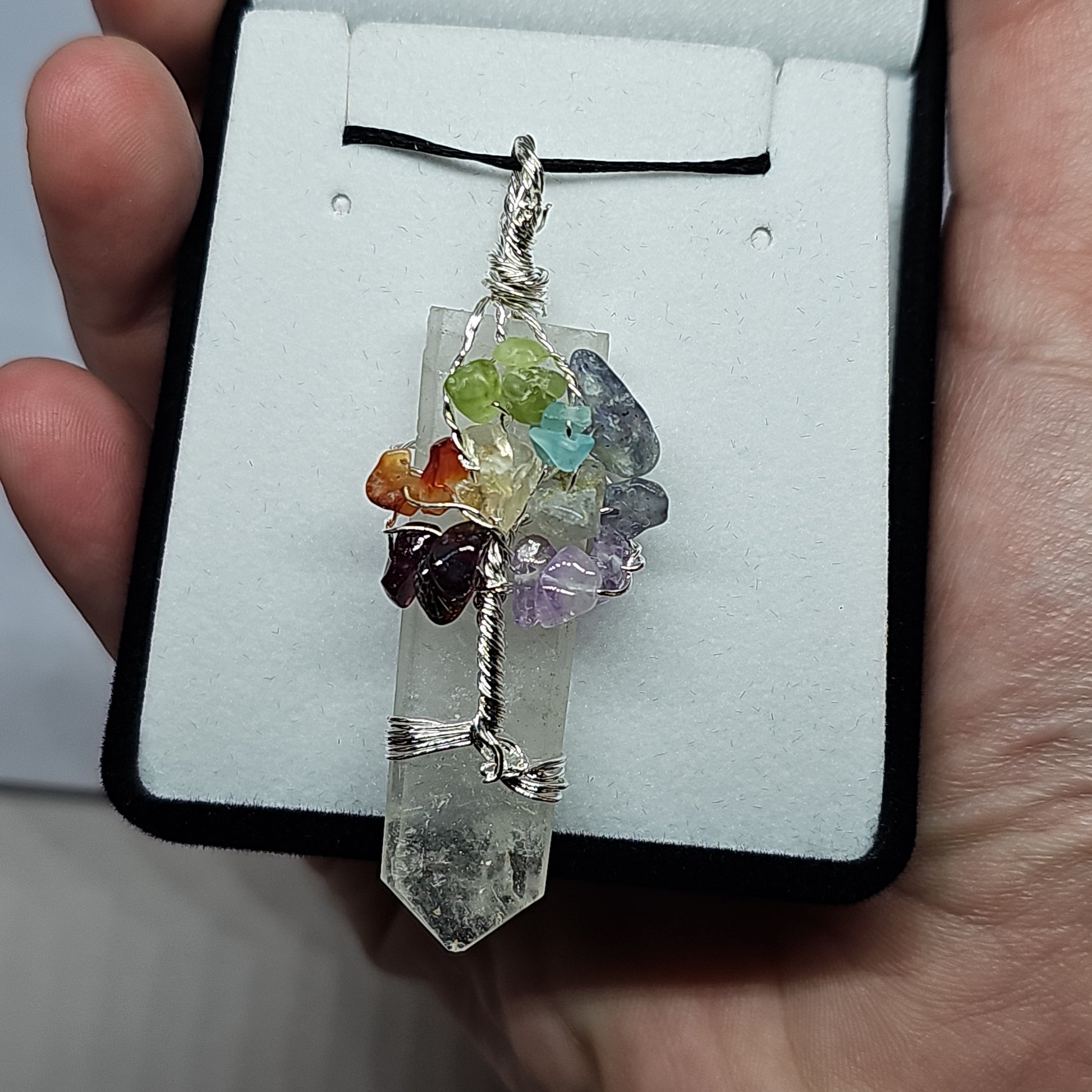 Clear quartz chakra wrapped pendant - Rivendell Shop