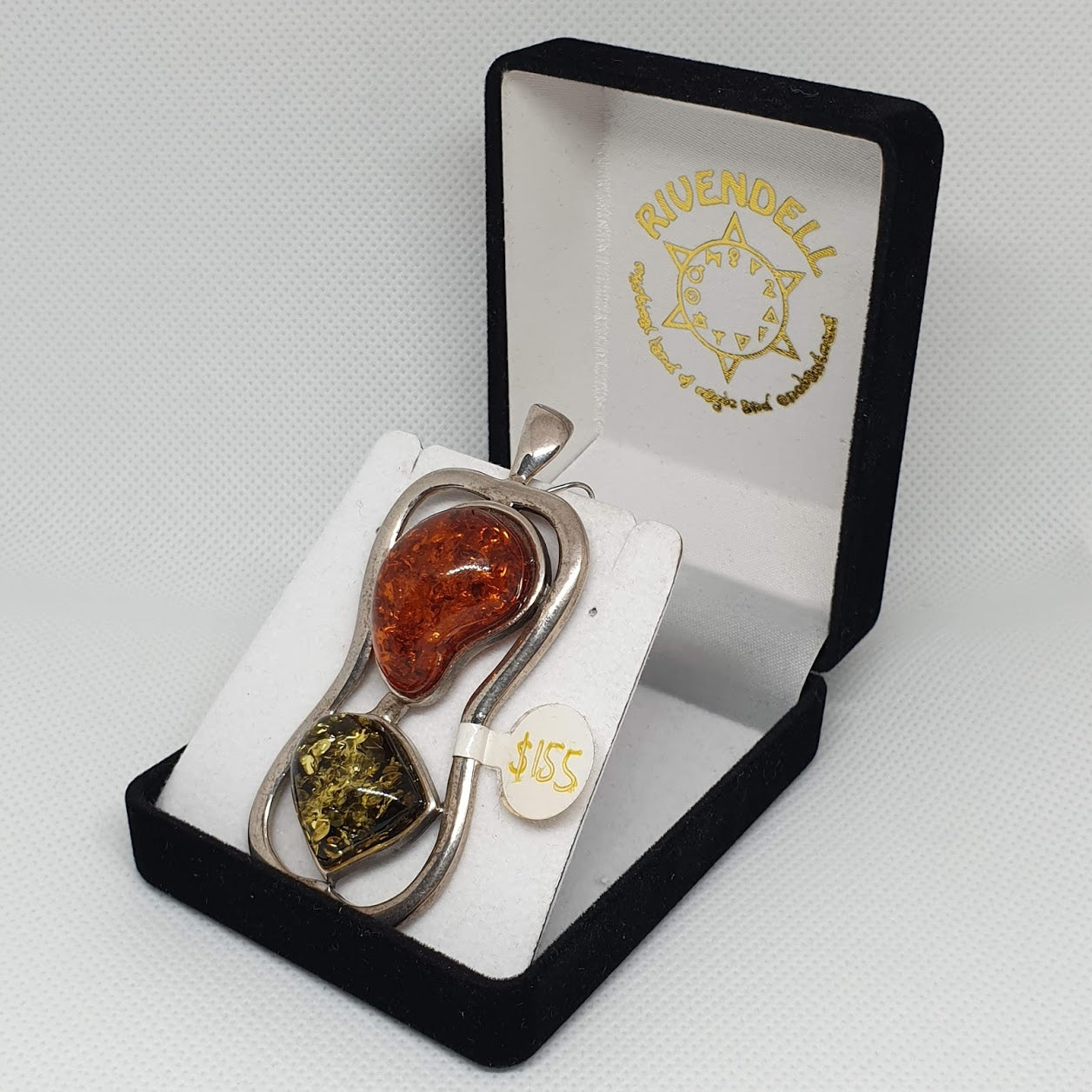 Large Multi-coloured Rectangular Amber 925 Sterling Silver Pendant - Rivendell Shop