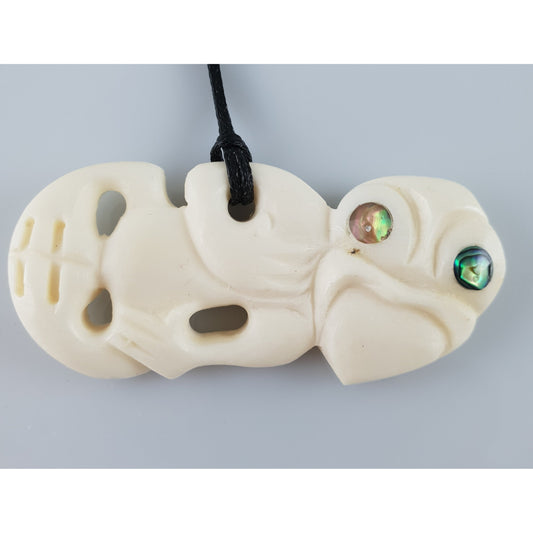 Handcarved Tiki Bone Carving Pendant with Paua - Rivendell Shop