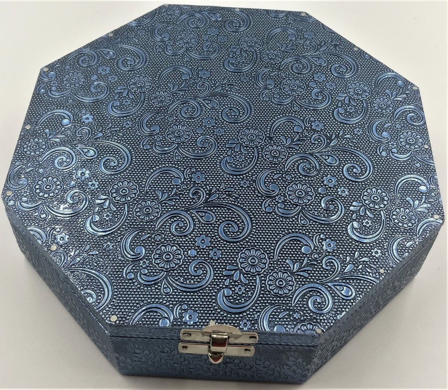 Hexagon Box Floral - Blue Silver Finish - Rivendell Shop