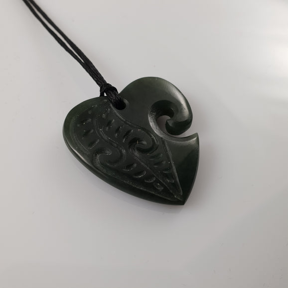 Heart Greenstone Pendant with Carved Detail - Rivendell Shop