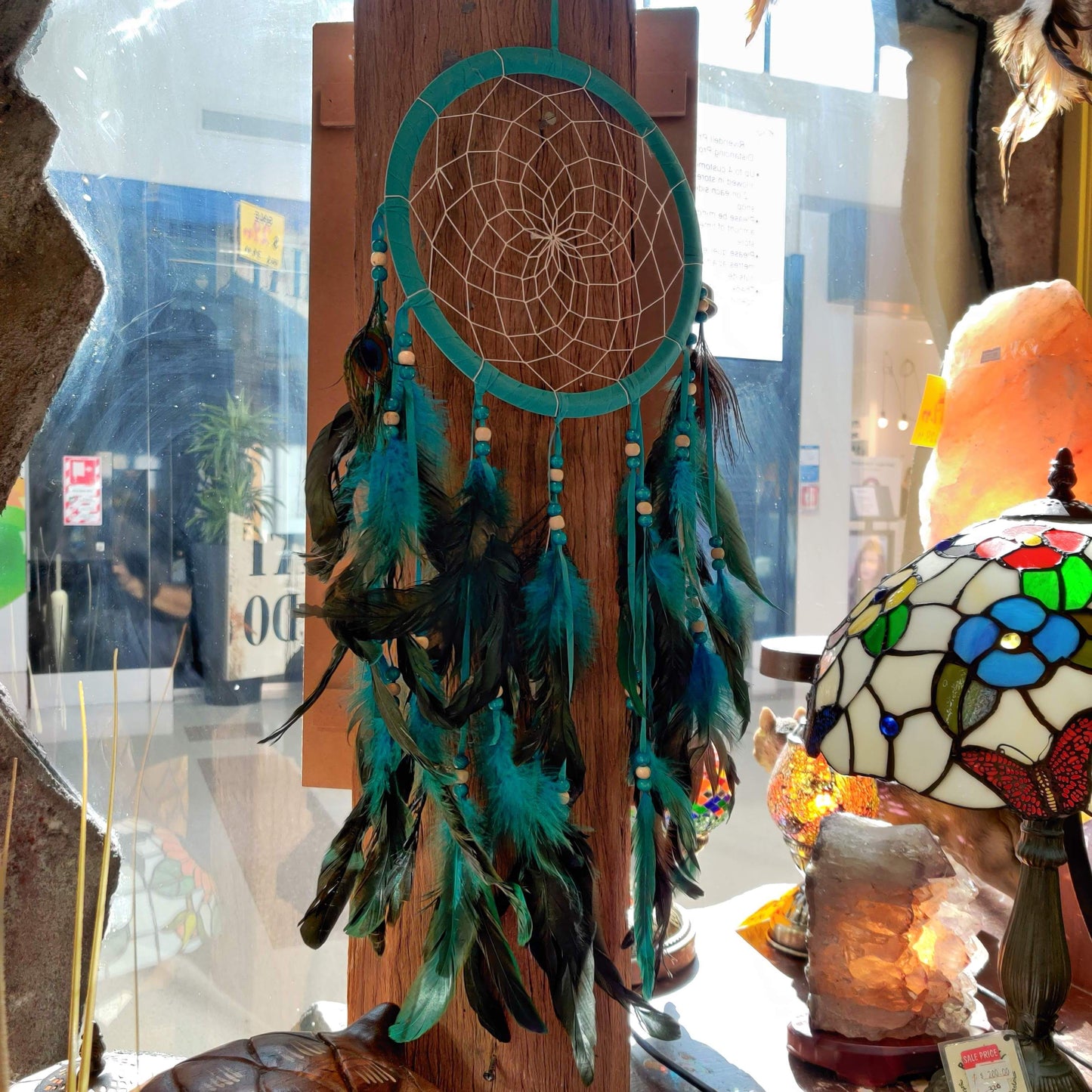 Teal Peacock Feather Black Thread Dreamcatcher - Rivendell Shop