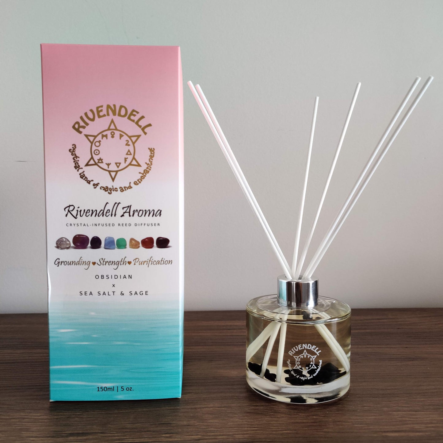 Rivendell Aroma: Obsidian x Sea Salt and Sage Crystal-Infused Reed Diffuser - Rivendell Shop