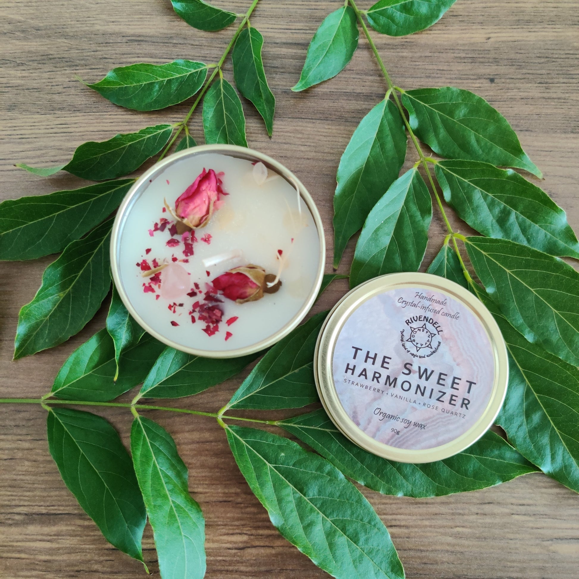 "The Sweet Harmonizer" Strawberry + Vanilla + Rose Quartz Crystal-infused Tin Candle - Rivendell Shop
