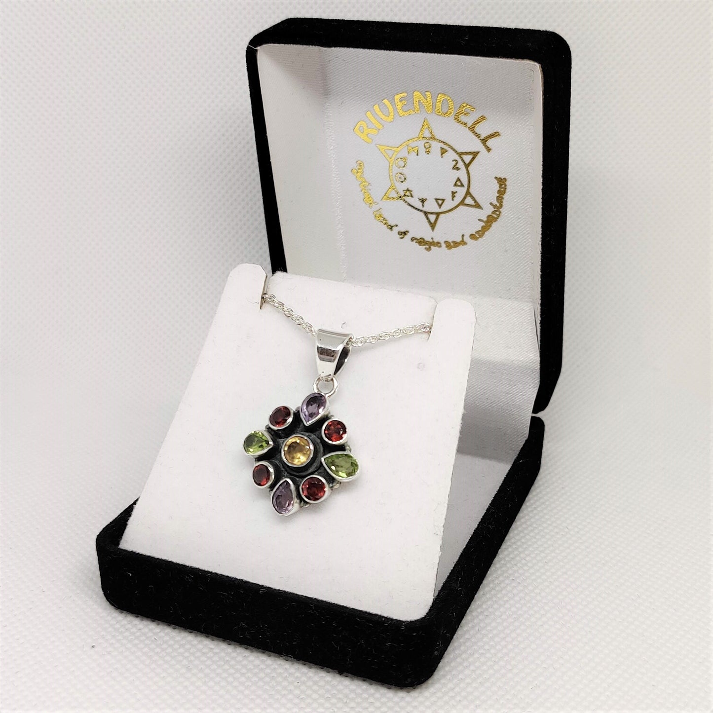 Peridot, Amethyst, Ruby and Citrine Flower 925 Sterling Silver Pendant - Rivendell Shop