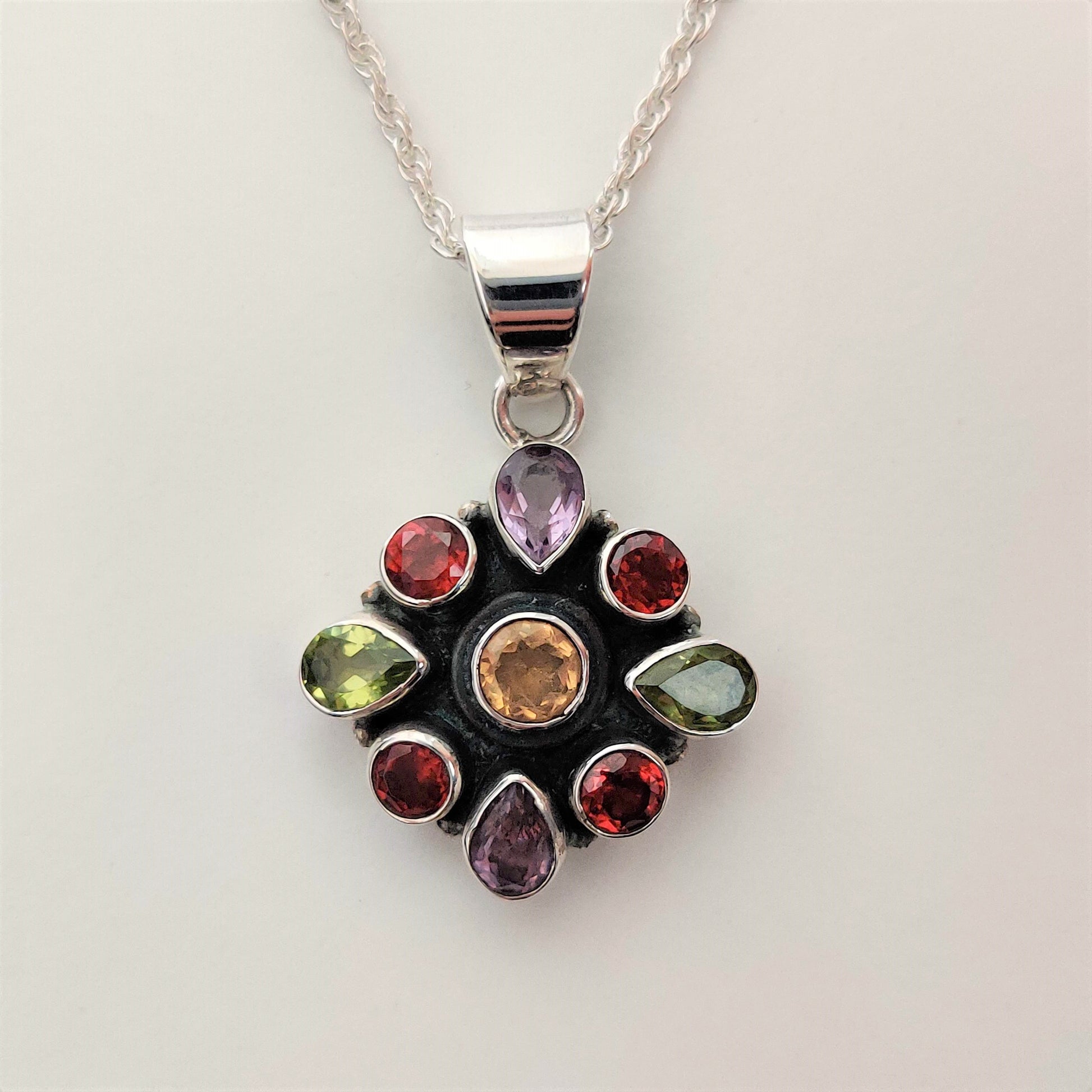 Peridot, Amethyst, Ruby and Citrine Flower 925 Sterling Silver Pendant - Rivendell Shop